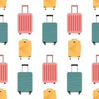 Seamless pattern with travel cartoon plastic suitcases on wheels. Background with travel bag, case, trunk, valise. vector