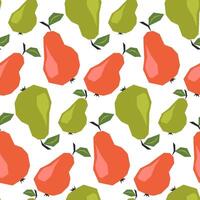 Seamless pattern with ripe red and green pears. Background, wrapping paper. Applique style drawing vector