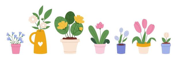 Spring flowers in pots set vector