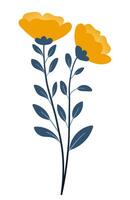 Bouquet of plants and yellow flowers in flat style on white background. Meadow flowers and grasses, leaves and tulips. Vector illustration