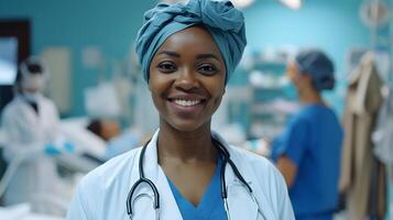 AI generated A middle-aged black female doctor smiles against the background of a busy hospital atmosphere, generative AI photo