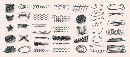 Collection of grunge doodles drawn with charcoal, brush, bristles. Bold charcoal stripes, arrows, markers, underlining, geometric shapes. Modern vector outline in doodle style.