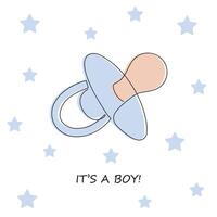 It's a boy card with pacifier drawn in one continuous line. One line drawing, minimalism. Vector illustration.