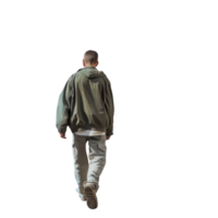 AI generated Man in Green-Grey Jacket and Casual Pants Walking Away - Isolated Back View png