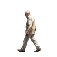 ai generato anziano uomo nel elegante beige abbigliamento a piedi con scopo - isolato lato Visualizza png