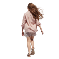 ai generado joven niña en casual rosado camisa y pantalones cortos caminando libremente - aislado espalda ver png