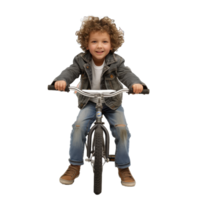 ai gerado alegre jovem Garoto com encaracolado cabelo alegremente equitação uma bicicleta - uma símbolo do despreocupado infância e brincalhão espírito png