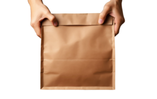 AI generated Hands Holding Brown Blank Paper Bag on Transparent background png