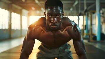 AI generated Portrait of a black male doing morning workout, generative AI photo