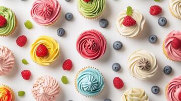 AI generated Cupcakes, variety of colorful cupcakes with piped frosting and decorative toppings, background image, generative AI photo