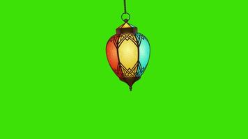 Ramadan Islamic lantern animation on a green screen. Ramadan lantern hangs down from top to bottom with key color. Chroma key video