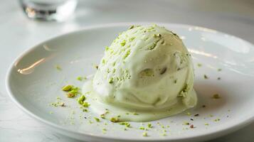 ai generado minimalista perfección, un soltero cucharón de pistacho hielo crema descansando en un sencillo blanco lámina, generativo ai foto