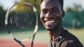 AI generated Smiling black male tennis player on the field, generative AI, background image photo