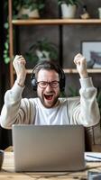 AI generated White male with an enthusiastic expression wearing headphones and raising his hands up while looking at his laptop, background image, generative AI photo
