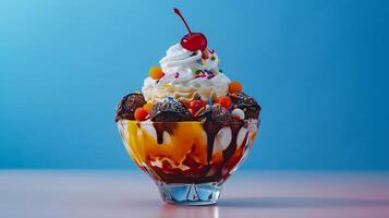 AI generated Sundae Delight, colorful and indulgent ice cream sundae topped with whipped cream, generative AI photo