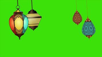 Ramadan Islamic lantern animation on a green screen. Ramadan lantern hangs down from top to bottom with key color. Chroma key video