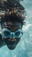 ai generado río submarino retrato de un sonriente joven negro masculino vistiendo nadando gafas de protección, generativo ai, antecedentes imagen foto