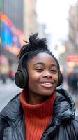 AI generated Portrait of a black teenage female smiling while wearing wireless headphones against city streets background, generative AI, background image photo