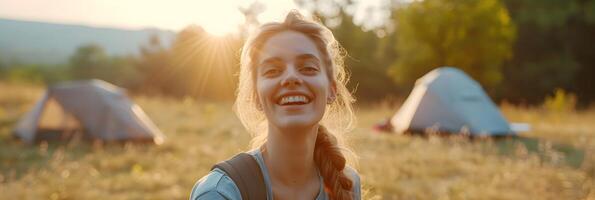 AI generated Portrait of a smiling blonde hair white woman camping in nature, background image, generative AI photo