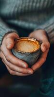 AI generated Close-up of a man's hand holding a cup of coffee, background image, generative AI photo