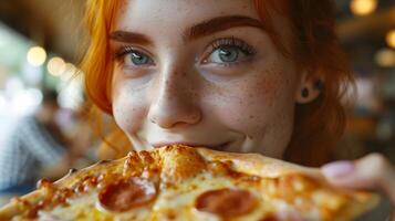 ai generado de cerca de un rojo pelo mujer comiendo un delicioso pizza, antecedentes imagen, generativo ai foto