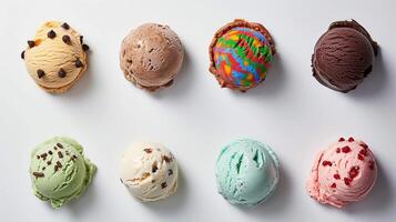 AI generated Creative Flavors Galore, lineup of unique and creative ice cream flavors, such as salted caramel swirl, mint chocolate chip and birthday cake, generative AI photo