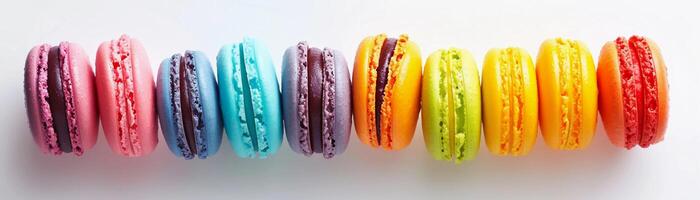 AI generated Assorted Macarons, arrangement of colorful macarons on a clean white background, background image, generative AI photo