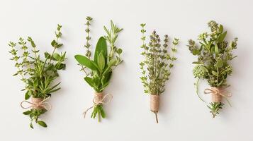 AI generated Herb Bundle Composition, medicinal herbs tied with twine or ribbon, background image, generative AI photo