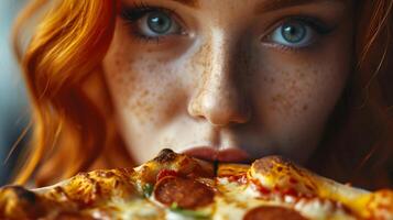ai generado de cerca de un rojo pelo mujer comiendo un delicioso pizza, antecedentes imagen, generativo ai foto