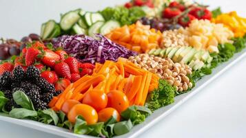 AI generated Colorful Salad Platter, assortment of vibrant and fresh salads arranged neatly on a white platter, background image, generative AI photo