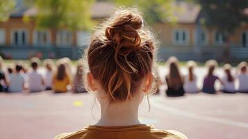 AI generated Back view portrait of a white female teacher with her kindergarten students in the background, background image, generative AI photo