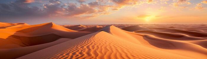 ai generado vasto extensión de Desierto arena dunas brillante en el calentar ligero de el ajuste sol, antecedentes imagen, generativo ai foto