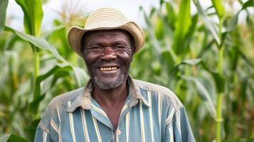 ai generado retrato de un sonriente negro masculino maíz granjero trabajando en su cosecha maíz campo, generativo ai, antecedentes imagen foto