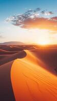 ai generado vasto extensión de Desierto arena dunas brillante en el calentar ligero de el ajuste sol, antecedentes imagen, generativo ai foto