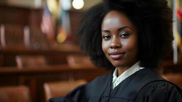 AI generated Portrait of a black female judge on duty against court atmosphere background, background image, generative AI photo
