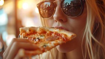 ai generado de cerca de un rubia mujer vistiendo Gafas de sol comiendo un delicioso pizza, antecedentes imagen, generativo ai foto