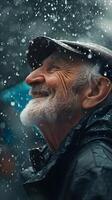 AI generated Side view portrait of a smiling elderly white male drenched in the pouring rain, generative AI, background image photo