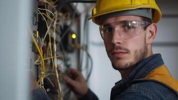 ai generado retrato de un electricista trabajando en serio, generativo ai foto