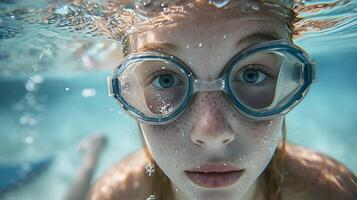 ai generado río submarino retrato de un rubia joven blanco mujer vistiendo nadando gafas de protección, generativo ai, antecedentes imagen foto