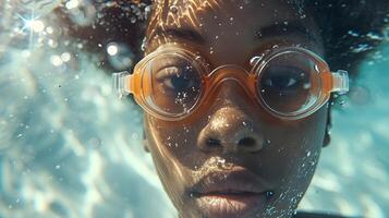 ai generado río submarino retrato de un joven negro hembra vistiendo nadando gafas de protección, generativo ai, antecedentes imagen foto