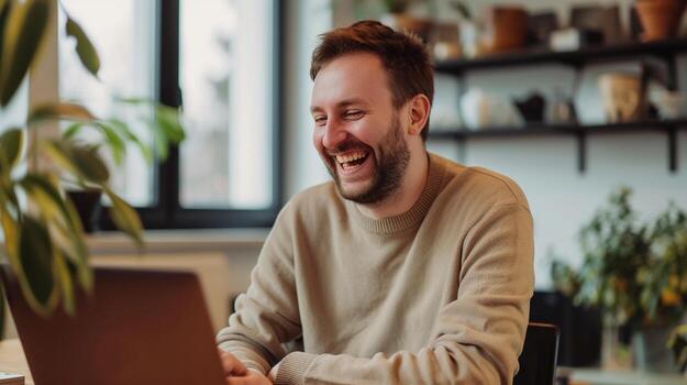 AI generated A white man laughing in front of a laptop in his workspace, background image, generative AI photo