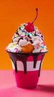 AI generated Sundae Delight, colorful and indulgent ice cream sundae topped with whipped cream, generative AI photo