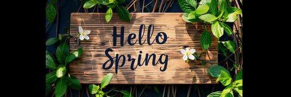 AI generated Photo of text 'Hello Spring' written with marker on wooden board, generative AI