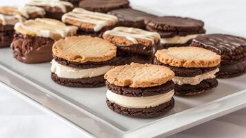 ai generado hielo crema emparedado cielo, surtido de hecho en casa hielo crema emparedados con suave galletas o Brownies sándwich cremoso hielo crema, generativo ai foto