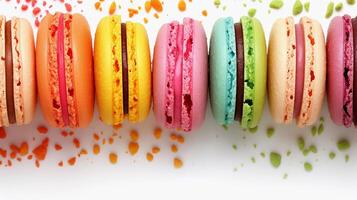 ai generado clasificado macarrones, arreglo de vistoso macarons en un limpiar blanco fondo, antecedentes imagen, generativo ai foto