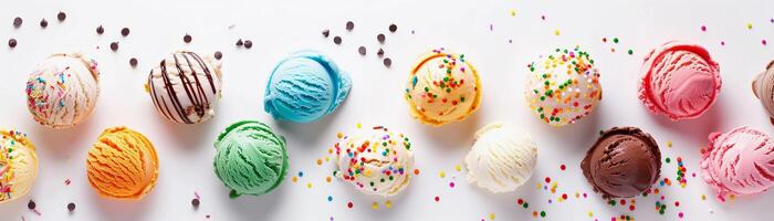 AI generated Creative Flavors Galore, lineup of unique and creative ice cream flavors, such as salted caramel swirl, mint chocolate chip and birthday cake, generative AI photo