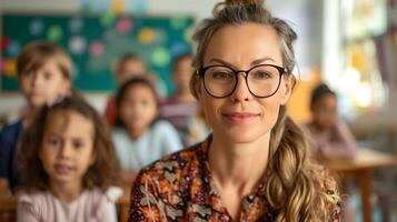 ai generado retrato de un blanco hembra profesor con su estudiantes en el fondo, antecedentes imagen, generativo ai foto