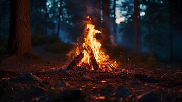 ai generado retrato de un hermosa hoguera en el medio de el bosque a noche, antecedentes imagen, generativo ai foto