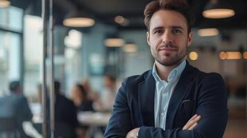 ai generado retrato de un exitoso empresario posando en contra un moderno futurista reunión habitación fondo, generativo ai foto