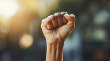 AI generated Clenched fists raised high in the air, symbolizing victory, triumph, and a sense of achievement, background image, generative AI photo